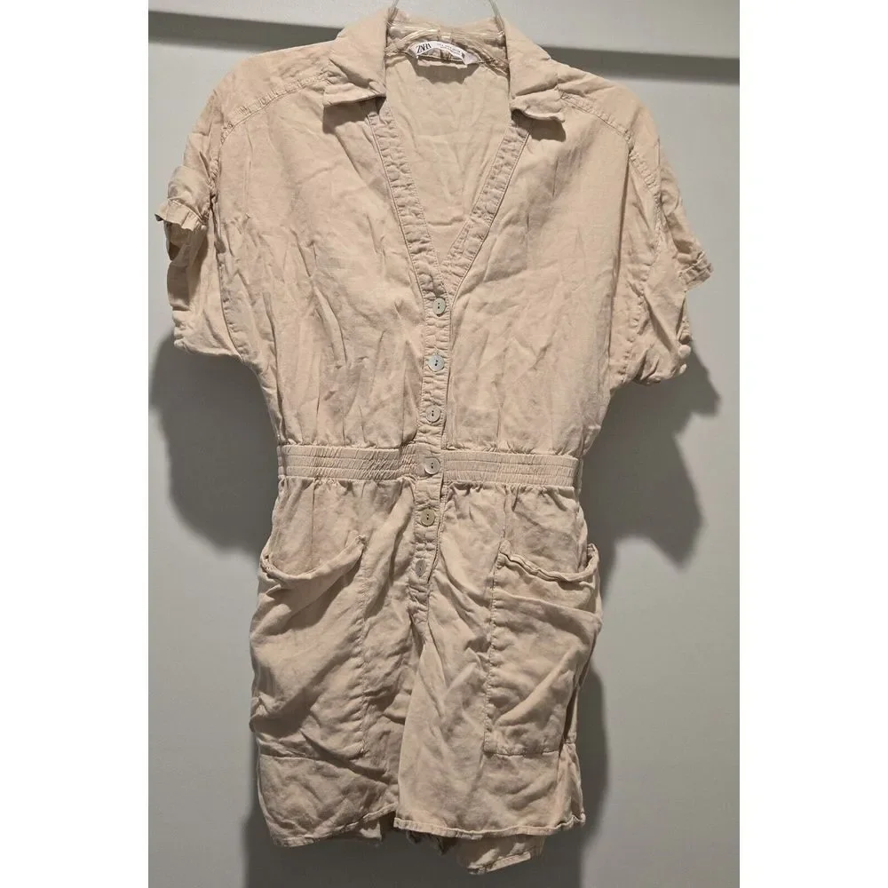 Zara Women's size‎ small khaki playsuit romper with pockets linen blend